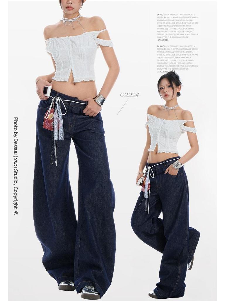 Women's Spliced Double Waistband Curved Leg Jeans - American Design, Loose Fit, Slimming, Wide Leg, for Spring & Autumn 2025