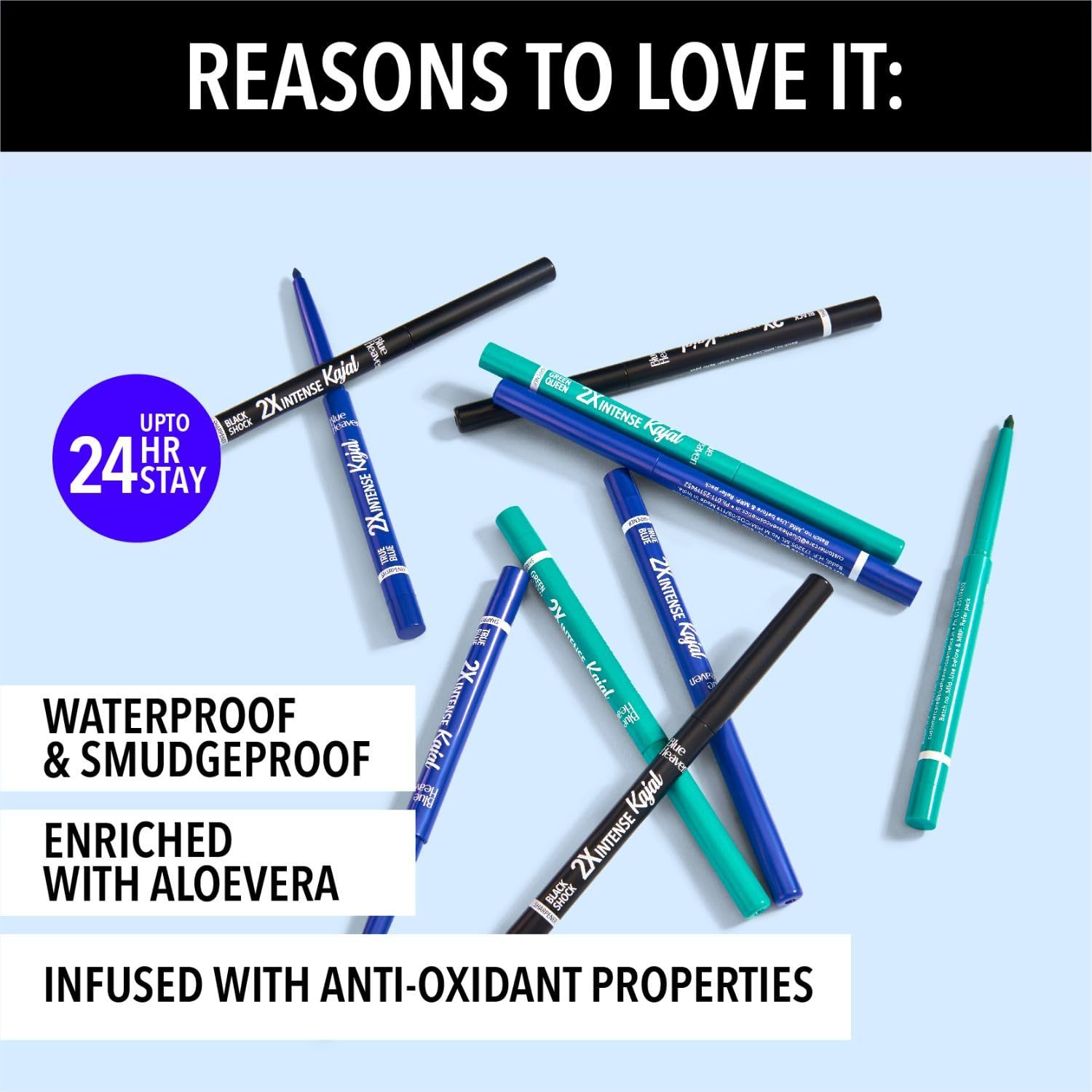 Blue Heaven 2x Intense Kajal Pencil - True Blue, Matte Finish, Waterproof and Smudge Proof Kajal, 0.30gm