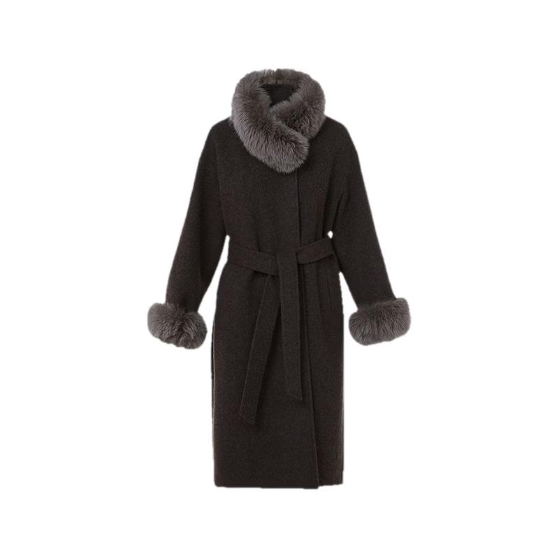 

LANGZI Fox Fur Collar Belted Long Coat S