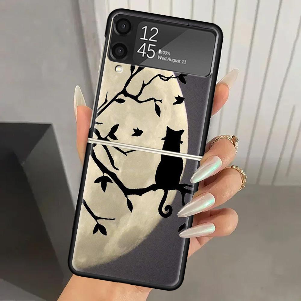 Black Cat Cartoon Cute Hard PC Phone Case For Samsung Galaxy Z Flip 7 6 5 4 3 Black ZFlip7 ZFlip6 Flip5 Flip4 Flip3 5G Print Cov