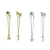 Delicate Moon and Star Link Chain Dangle Stud Earring Jewelry for Women Long Tassel Chain Link Moon&Star Paved CZ Earring