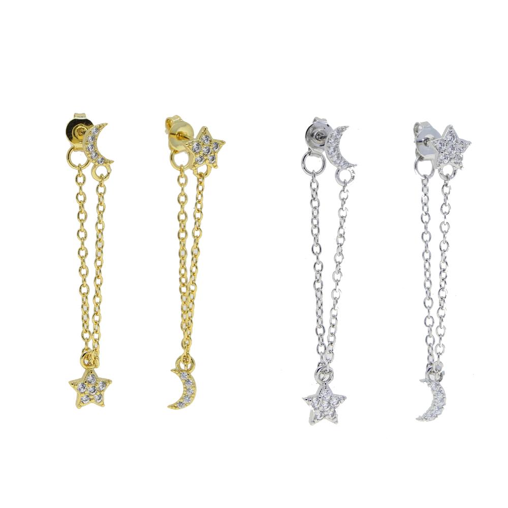Delicate Moon and Star Link Chain Dangle Stud Earring Jewelry for Women Long Tassel Chain Link Moon&Star Paved CZ Earring