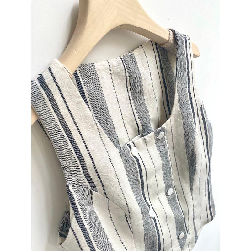 

Not Late Pure Linen U-Collar Double Breasted Slim Fit Vest Gray black Stripes S