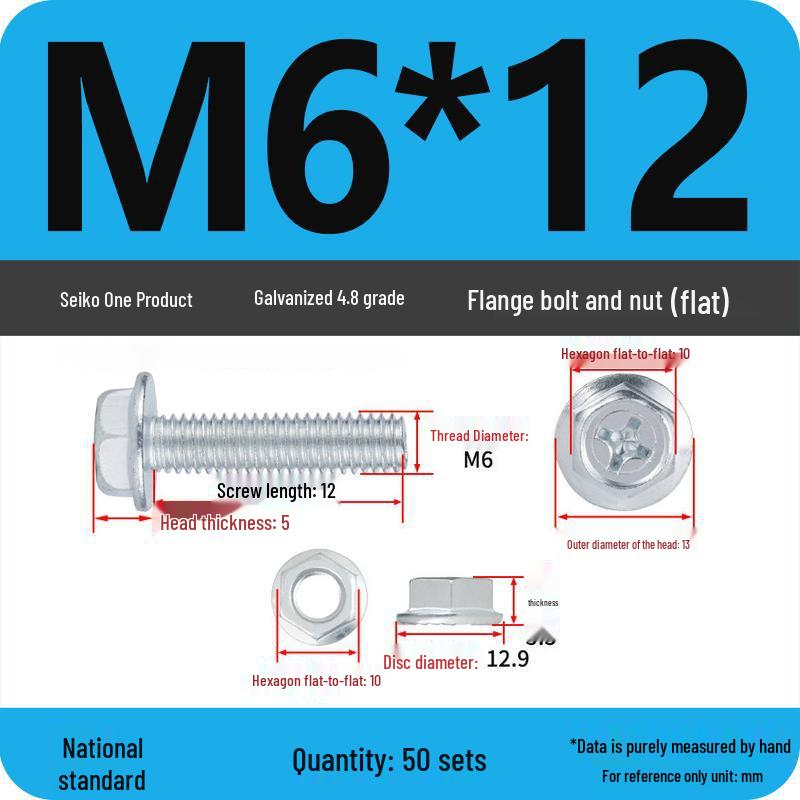 4.8 Grade Galvanized Hex Bolt Set with Anti-slip Washer & Nut, Cross Flange Head, M4/M5/M6/M8mm
