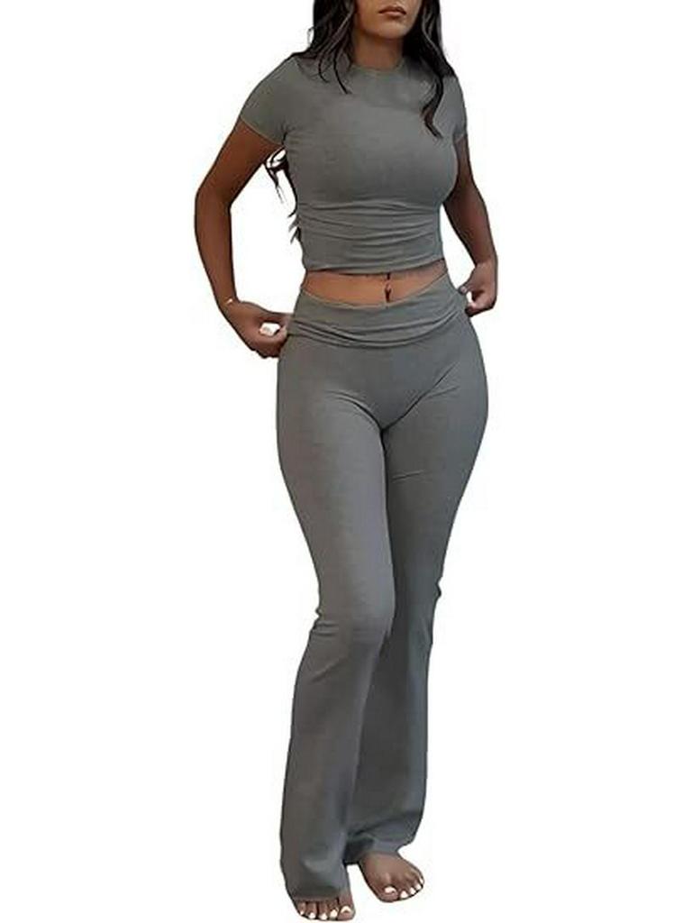 Women's Casual Workout Two-piece Set - Round Neck T-shirt & Low-waisted Flared Pants