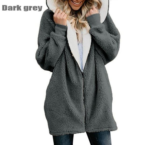 Fashion Solid Color Long-sleeved Hooded Knit Cardigan Jacket Winter Warm Zipper Coat