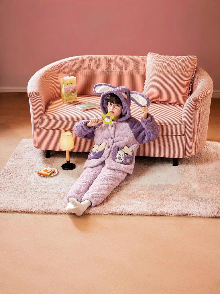 Girls' Kuromi Quilted Fleece Pajamas - Thick, Cute Autumn/Winter Home Wear (2025)