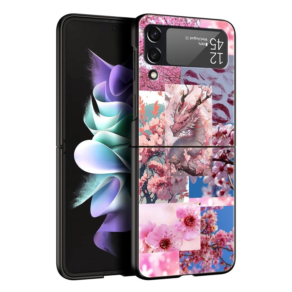 Korean Flower Hard PC Phone Case For Samsung Galaxy Z Flip 7 6 5 4 Black Cover For Galaxy Z Flip 3 Foldable Fundas Shell Capas