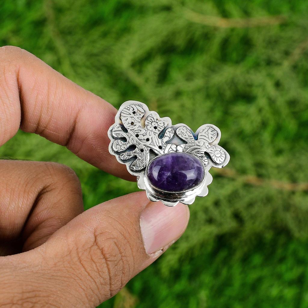 Womens day Sale 925 Silver Crown Chakra Natural Chevron Amethyst Stackable Ring