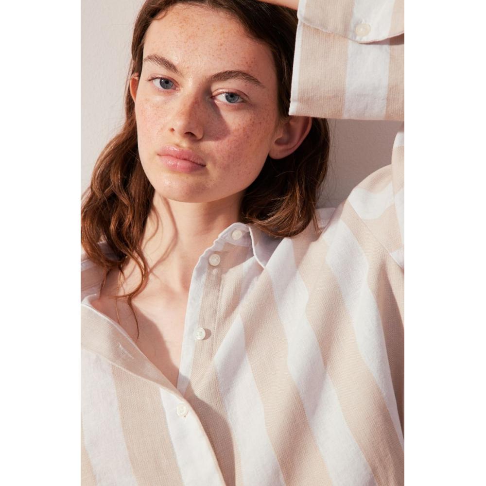 

Рубашка из смесового льна HM светло-бежевая полоска