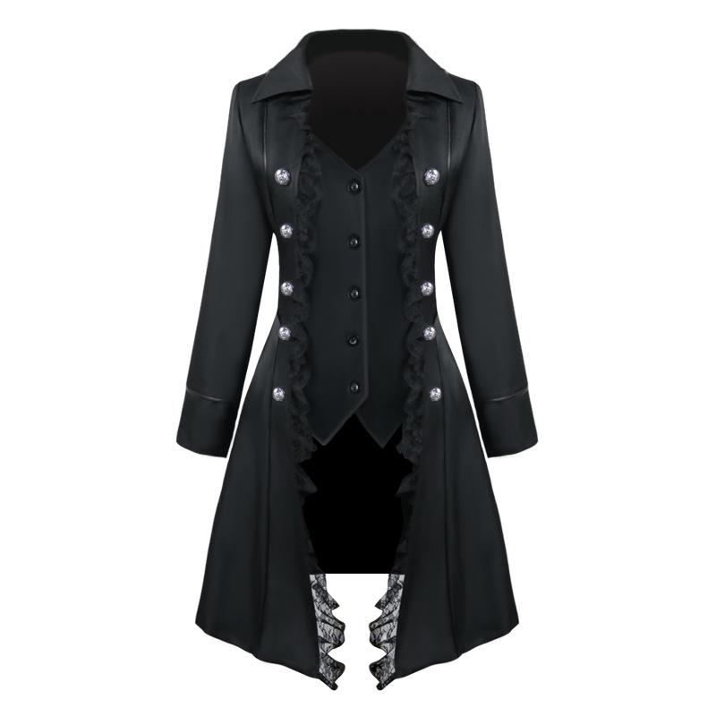 Dámské krajkové lemování Vampire Gothic Dlouhá bunda Smoking Frak Halloween Šaty Frock Coat Steampunk