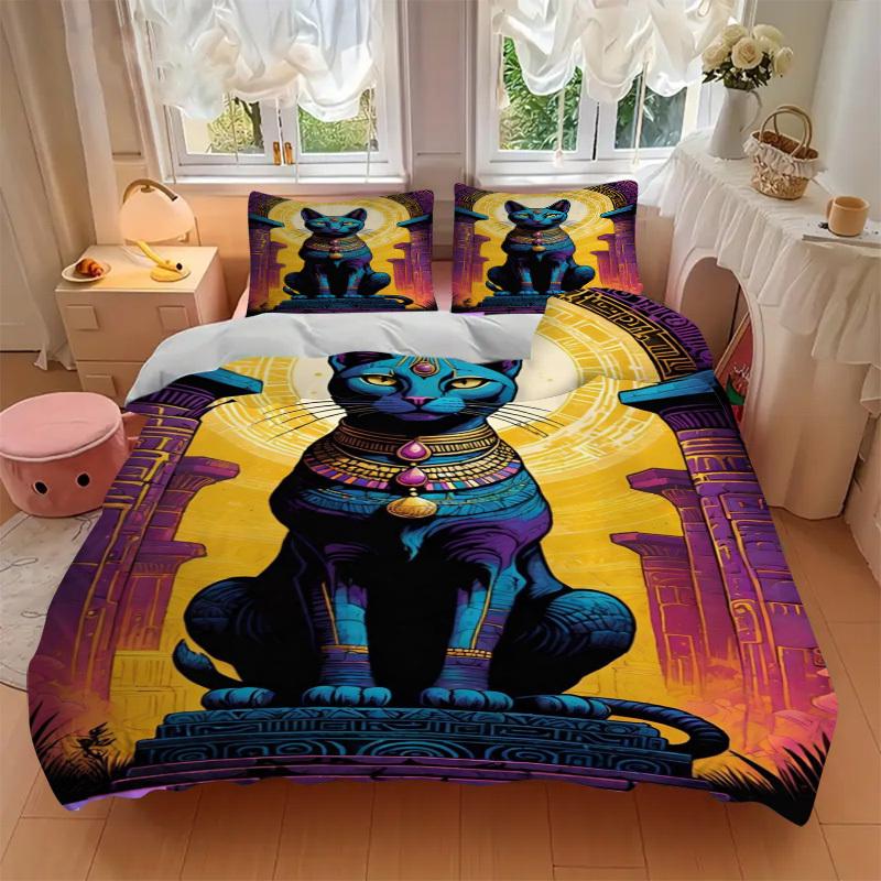3pcs Egyptian Cat Statue Duvet Cover Set -Includes 1 Duvet Cover and 2 Pillowcases, No Quilt Core, All-Season Home Decor yy251111094