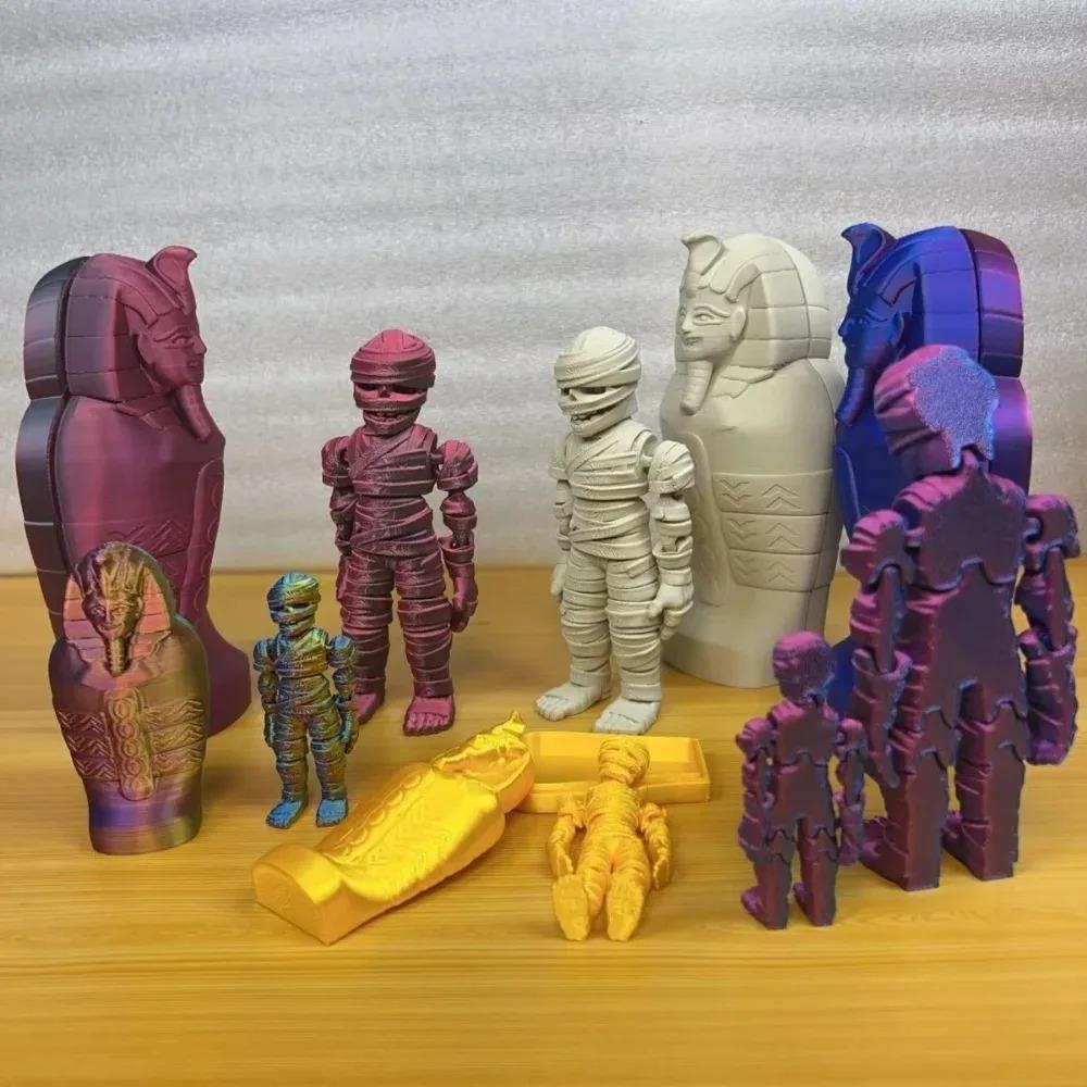 3D Printed Toy Model Mummy Decorative Gifts Egyptian Pharaoh Decorative Ornament Realistic Movable Mummy + Sphinx Set