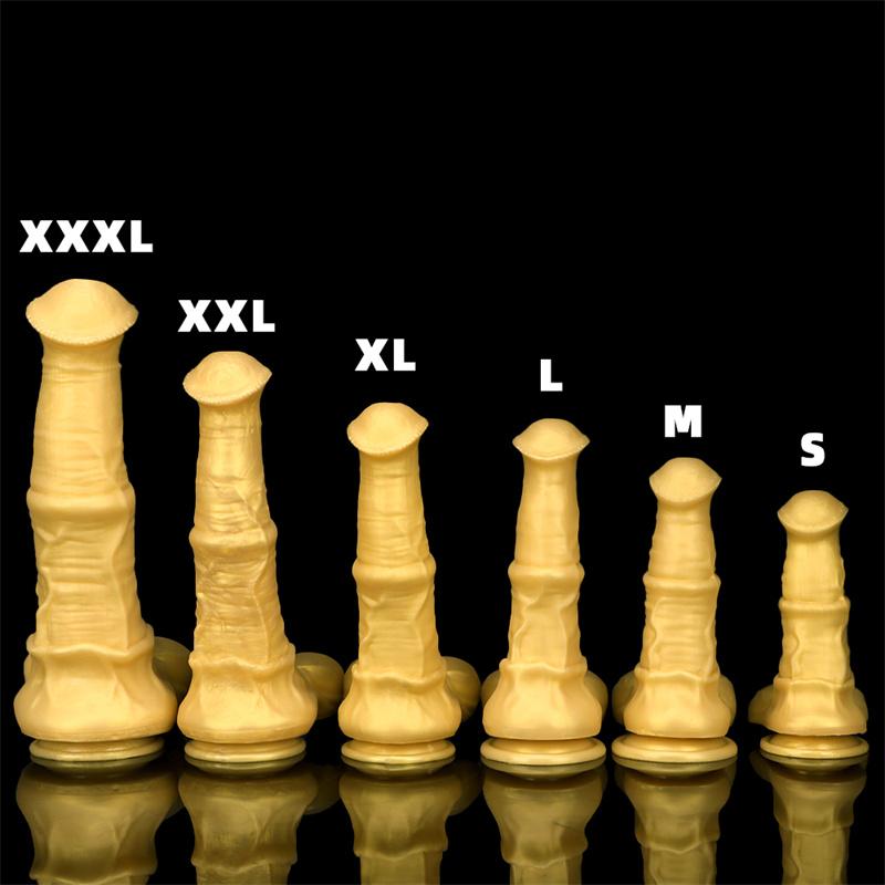 Gold Golden Horse Dildo pro muže a ženy Silikonové měkké nadrozměrné anální kolíky s masturbátorem na anální kolíky