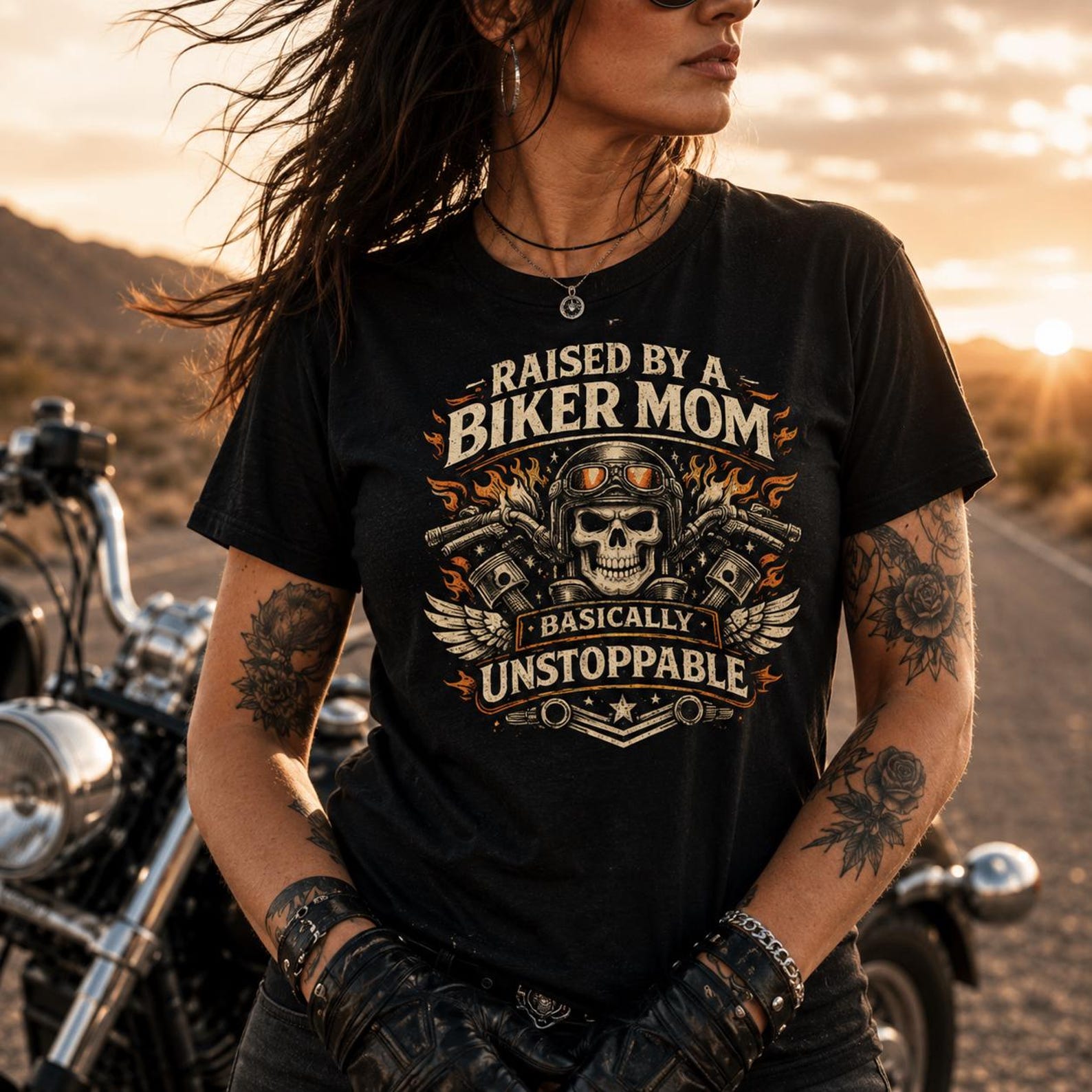 Raised By A Biker Mom Shirt, Funny Motorcycle Family Tee, Vintage Biker Kid Gift, Retro Rider Graphic T-Shirt L