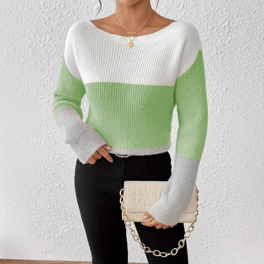 Spring Autumn Women's Color Block Patchwork Knit Sweater, Crew Neck Long Sleeve Pullover Top