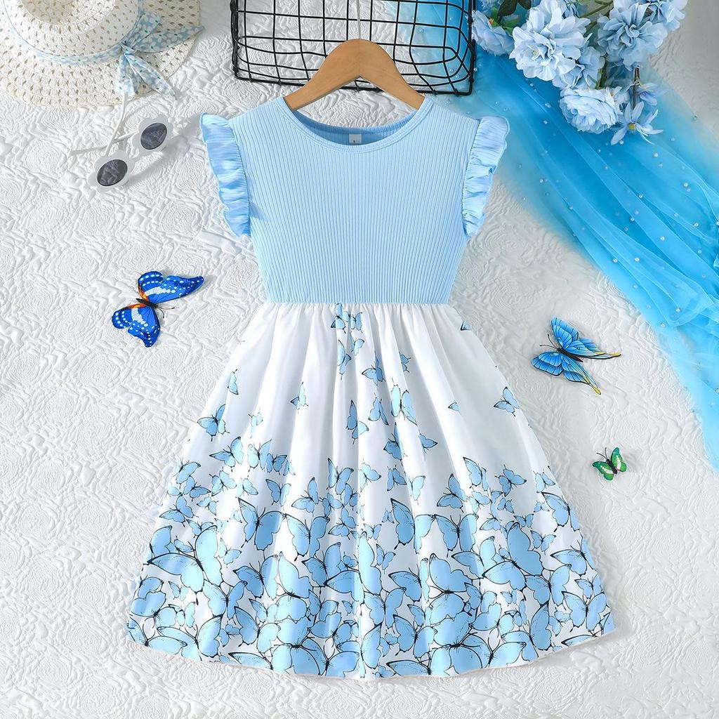 Girls' Sleeveless Butterfly Print Dress & Belt Set