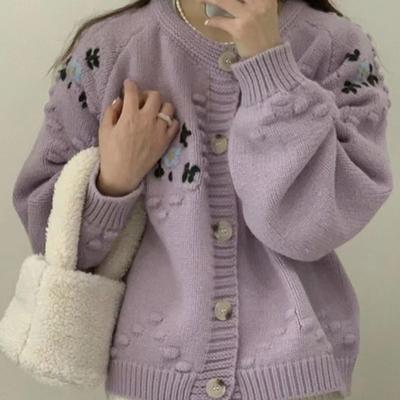Herbst Neue Bestickte Blume Strick Pullover Frauen Strickjacke Winter Langarm Vintage frauen Pullover Jacke Elegante Rundhals Strickwaren Mantel 25041