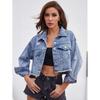 Dark Blue Women's Frayed Denim Jacket - Autumn Fashion Short Style