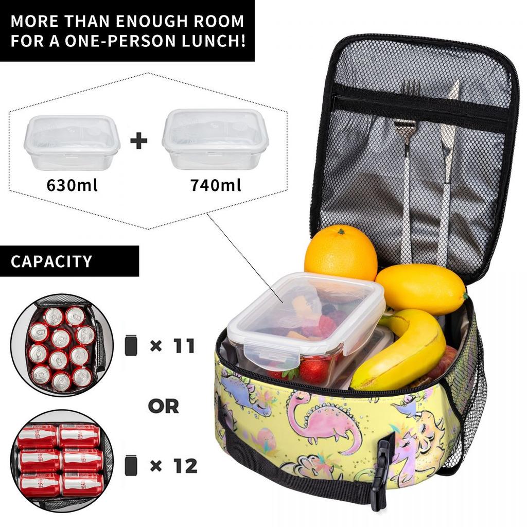 Cartoon Cute Dinosaur In Pink Background Insulated Lunch Bag for Women Children Portable Food Boxes Thermal Lunch Box Tote