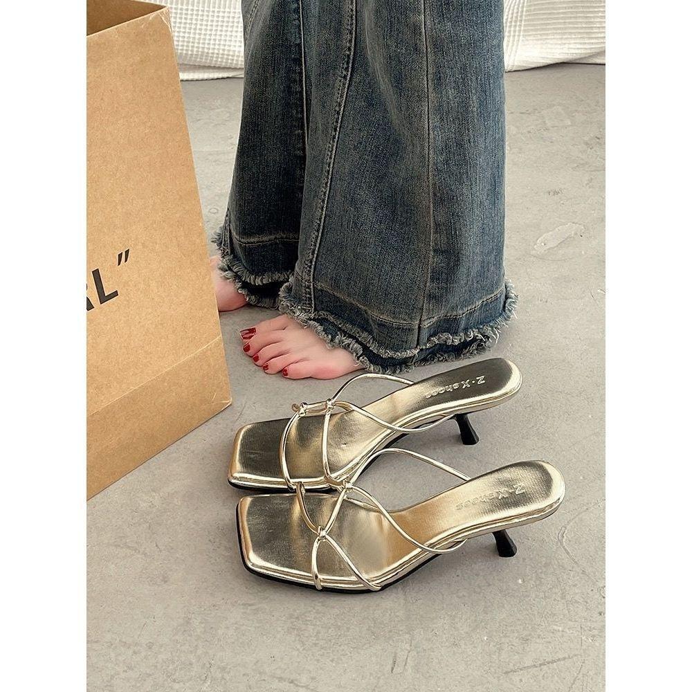 Nischenstil Feen-High-Heel-Sandalen High-End Sommer Sanft Gold Japanische Coole Hausschuhe Einfach