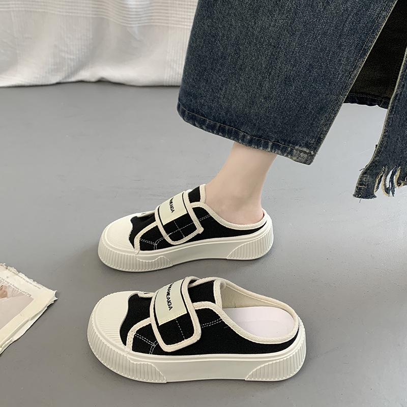 

2024 Summer Women s Thick-Soled Velcro Canvas Slippers - White Slip-On Casual Skate Shoes Size 38