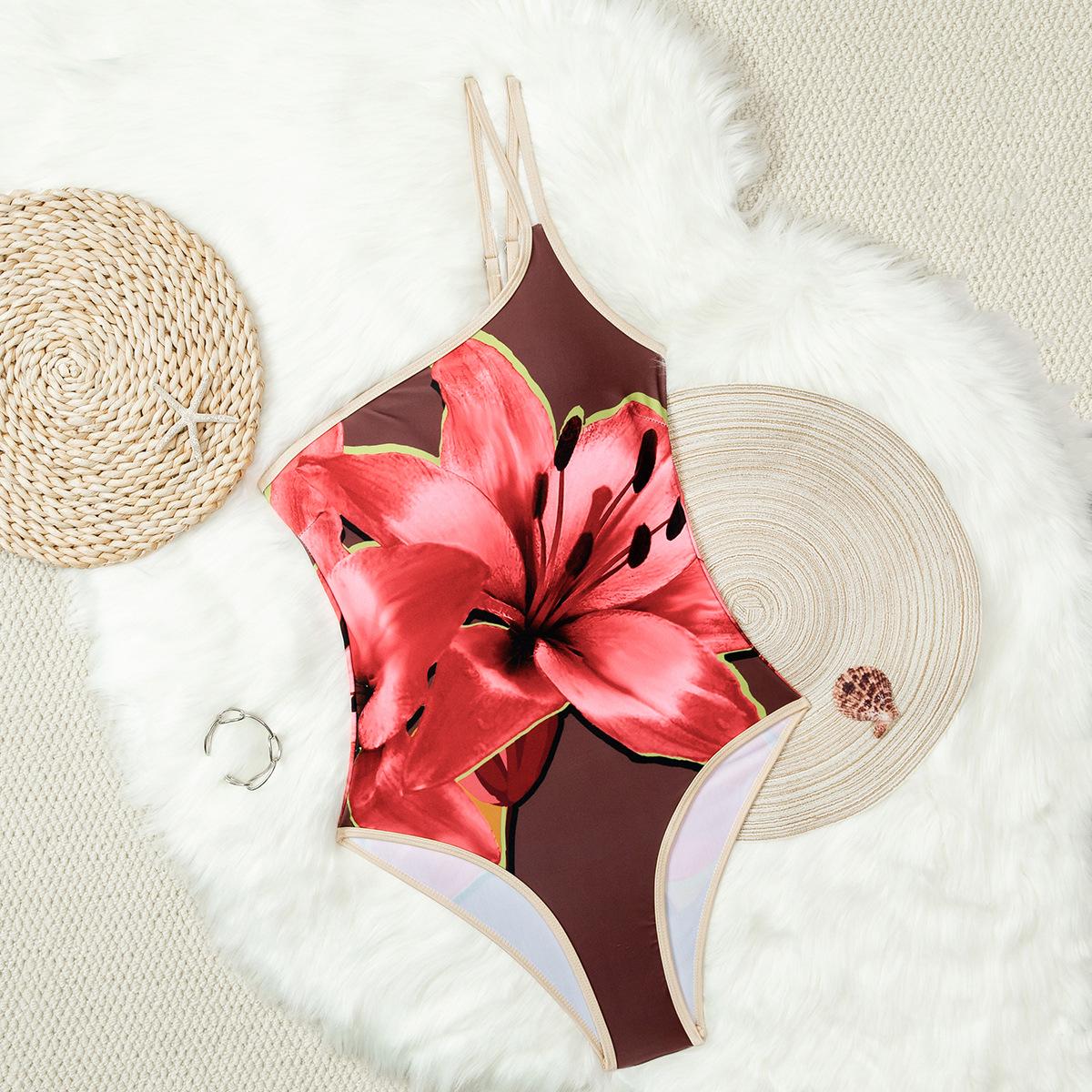 2026 Elegant European & American Women s Floral Print One-Shoulder Backless Swimsuit Small алый
