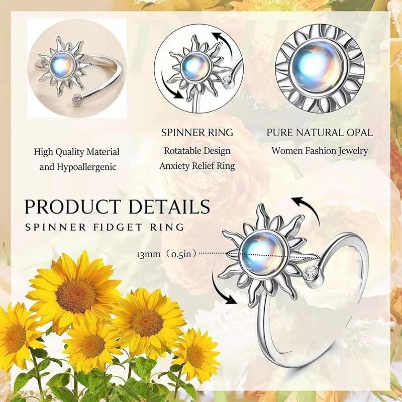 Inel Rotativ Pentru Femei Sunflower Moonstone Silver Adjustable Ring Jewelry Gift Box