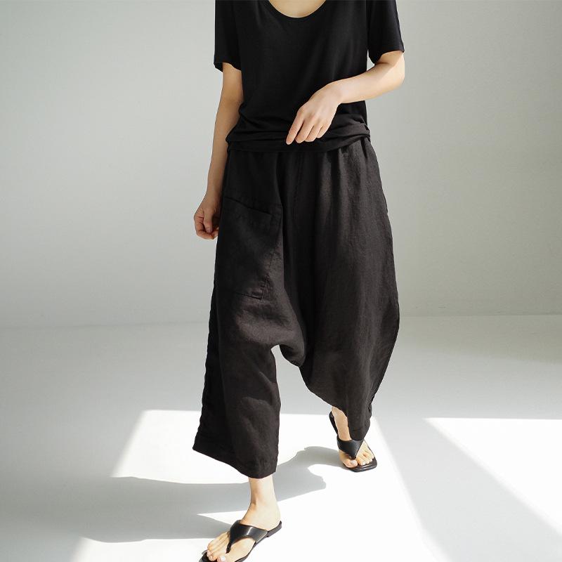 New Spring/Summer Textured Linen-Cotton Cropped Wide-Leg Pants with Elastic Waist and Pockets.