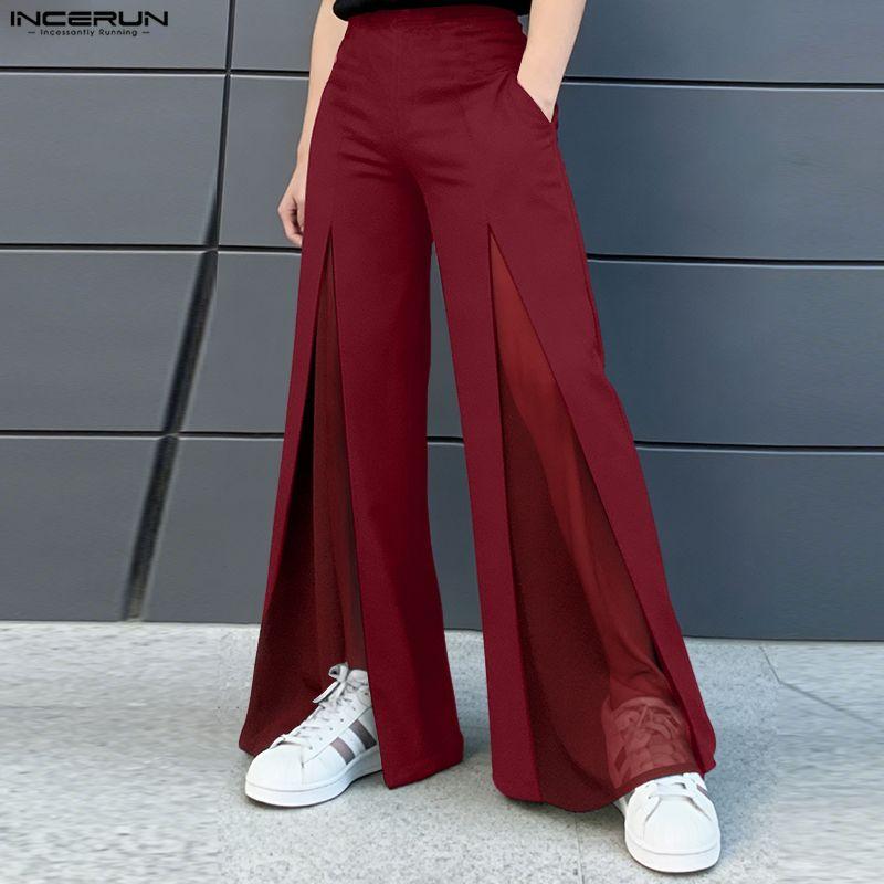 INCERUN Men High Waist Zip-up Side Mesh Patchwork Casual Flare Pants Trousers