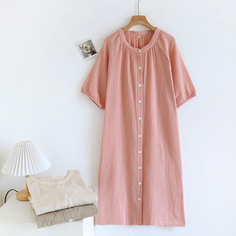 Summer Mid-long Style Women's Short Sleeved Pajamas Nightgowns Thincotton Cardigan and Round Neck Simple Solid Color Sleep Dress