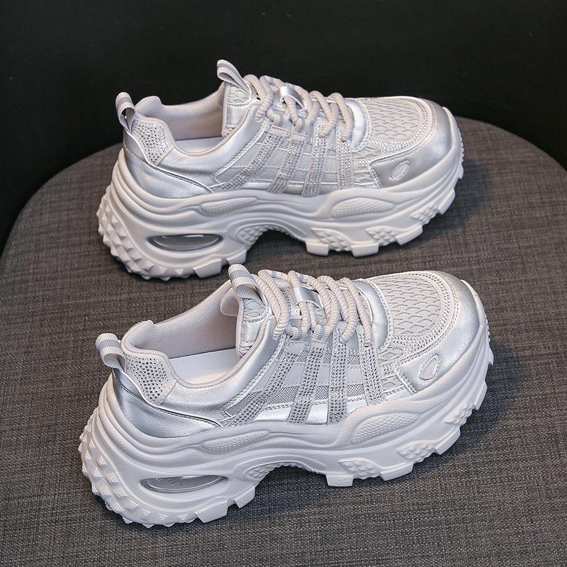 2025 spring and summer new 8cm small muffin mesh breathable dad shoes women's fashion versatile air cushion casual shoes