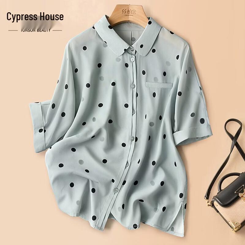 

French Polka Dot Lapel Chiffon Blouse L