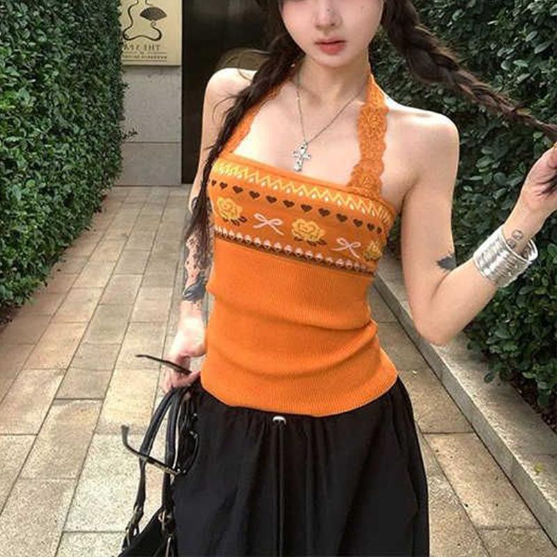 

American Women s Color Block Knit Halter Tank Top - Spicy Girl Style Sleeveless Camisole One Size