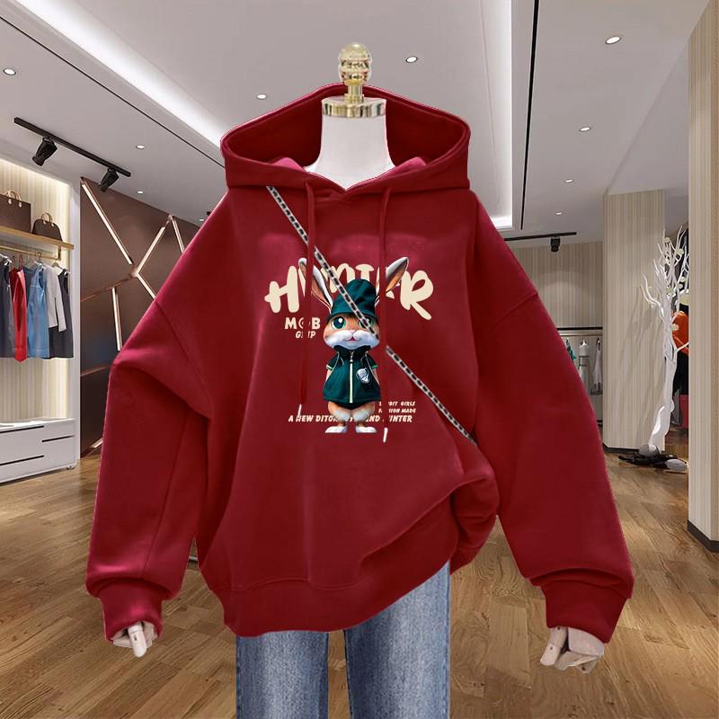 Women's Cartoon Print Fleece-Lined Hooded Sweatshirt - Stylish, Cozy, Loose-Fit, Couple-Friendly Outerwear