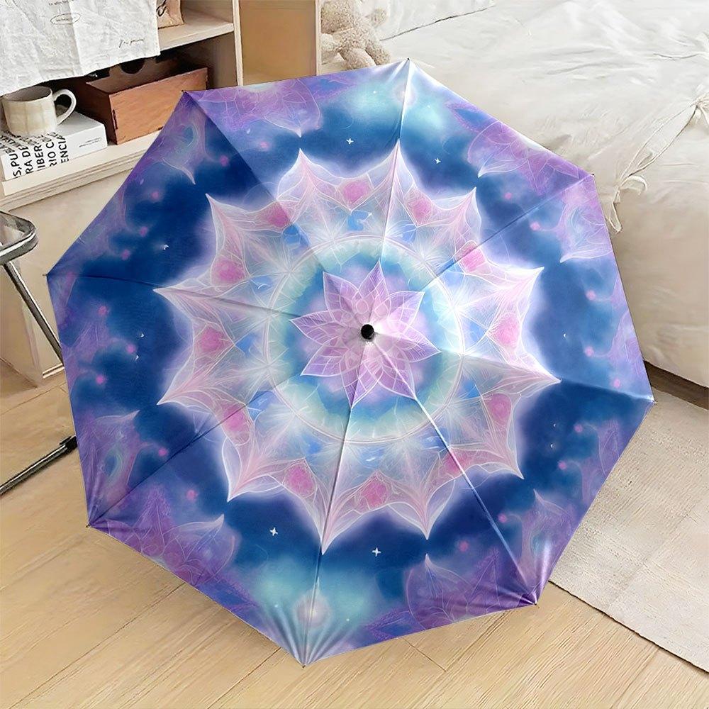 

Folding Umbrella The umbrella features a symmetrical mandala pattern with starry accents, focusing on a central floral motif. Iron&8K