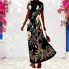 Women Plus Size V Neck Short Sleeve Black Floral Print Long Dress