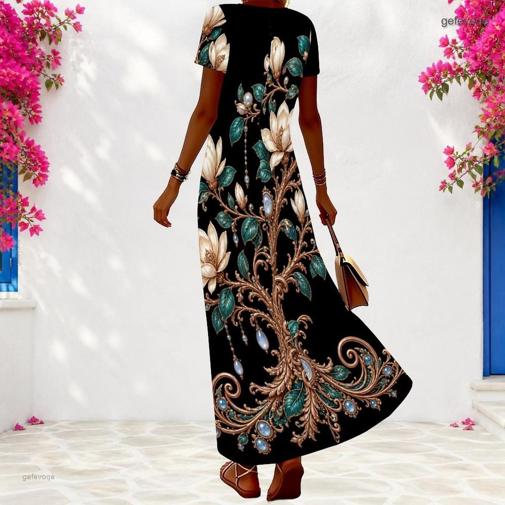 Women Plus Size V Neck Short Sleeve Black Floral Print Long Dress