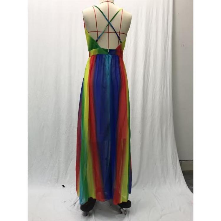 Deep V Halter Summer Casual Long Rainbow Dress Women