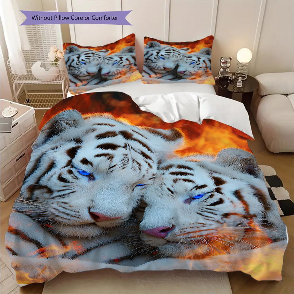 White Tiger Pattern Bedding Quilt Set Quilt Cover Pillowcase Home Decoration Birthday Gift (1 * Duvet Cover + 2 * Pillowcase, Without Core)
