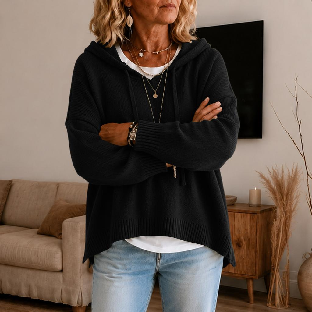 Women's Hooded Knitted Pullover Sweater Long Sleeve Loose Fit Casual Top