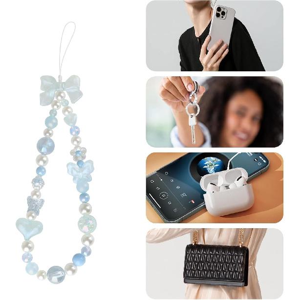 LUVI Beaded Phone Charm Lanyard Wrist Strap Love Heart Bow Beads Butterfly Chain Flower String Pearl Bling Bracelet Keychain Cute Fashion for Women