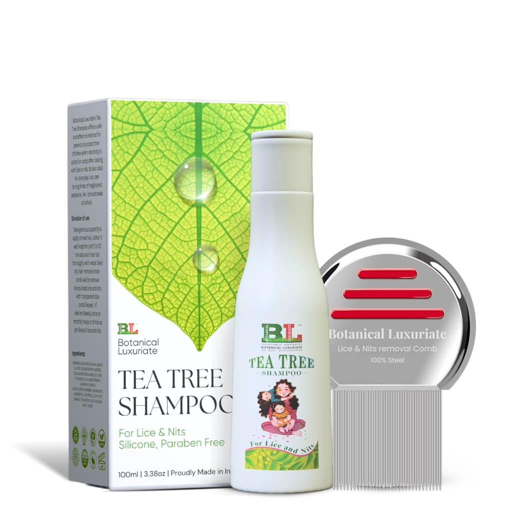 Botanical Luxuriate Tea Tree Natural Anti Lice And Nits Shampoo 100 Ml With Steel Lice And Nit'S Removal Comb, Spiral Micro-Grooved Teeth For Kids |