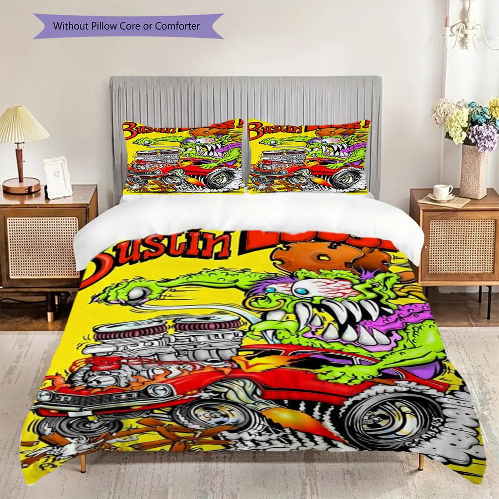 Boss Mustang Rat Fink Chaos Bedding (1 * duvet cover + 2 * pillowcase, without core) 2D Flat Bedding set Soft and comfortable Christmas birthday gift