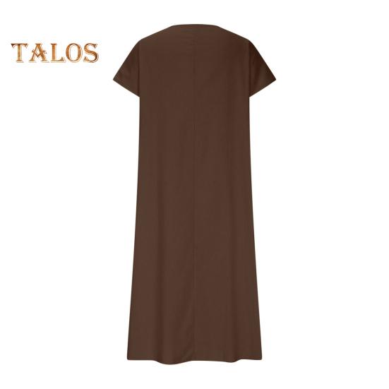 Damekjole i bomull og lin, avslappet, kortermet, v-hals, lang kjole, sommer, strand, ferie, swing, sommerkjole