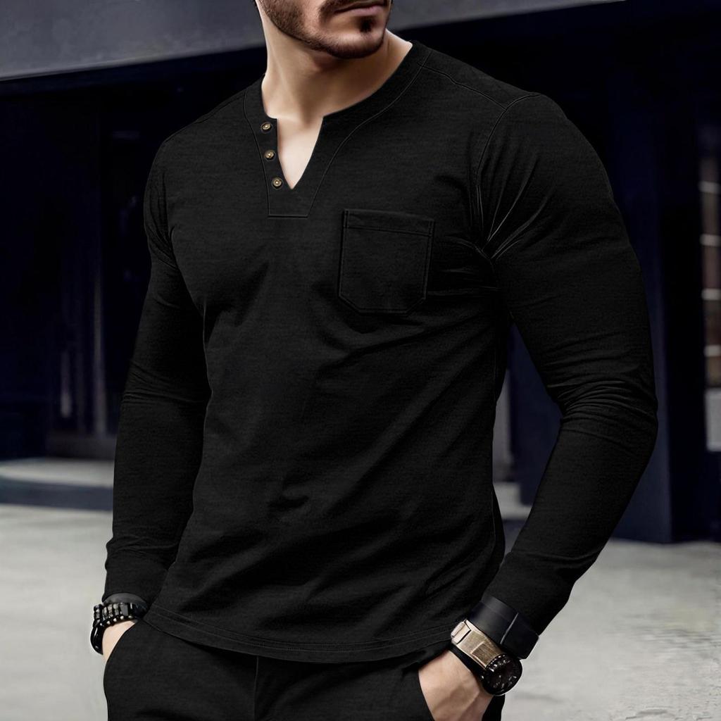 Men's Casual Solid-color Top, Men's Long-sleeved Button Pocket V-neck Top