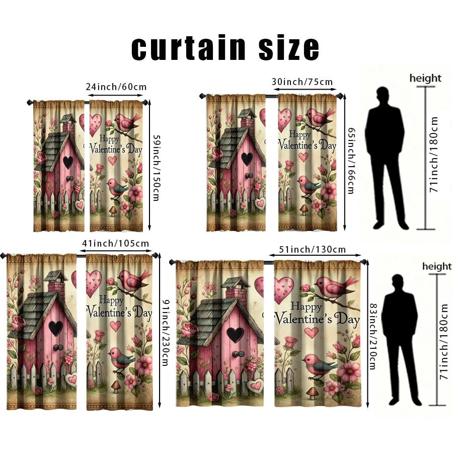 2PCS Retro Love Hut Valentine's Day Curtains   Romantic Style   Bedroom Living Room   Drawbar Pocket Decorative Curtains