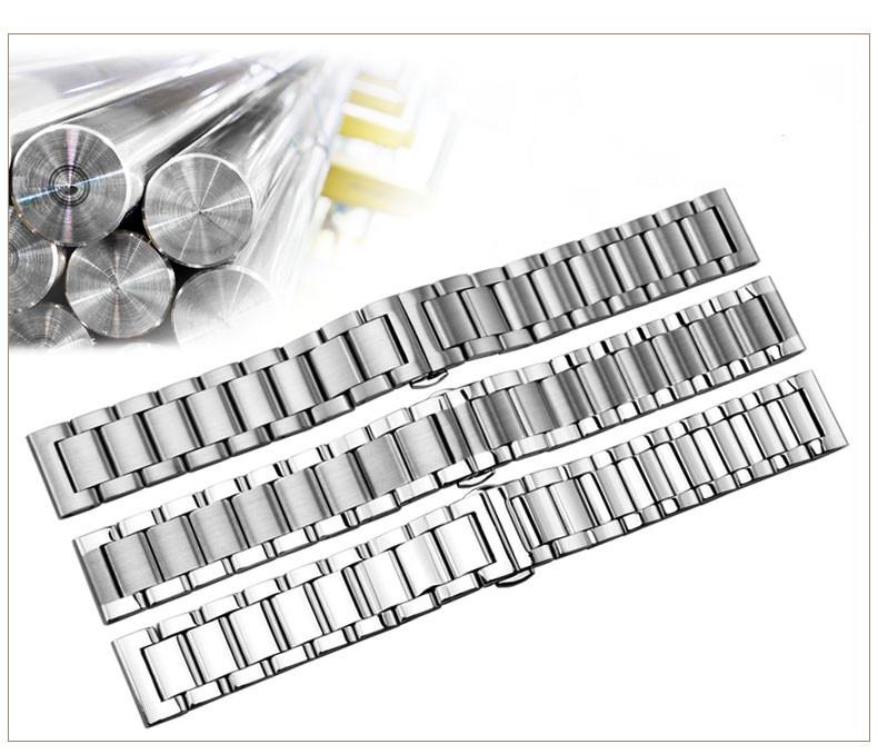 Solid Longjing Steel Watch Band – Three-Bead Men's Brushed Metal Strap