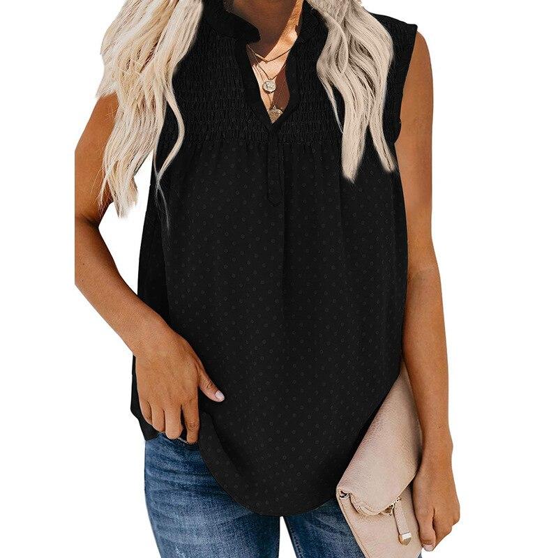 

Повседневная женская рубашка с воротником-стойкой и рюшами в горошек, шифоновая блузка с короткими рукавами, лето 2022, топы без рукавов, женская одежда 18977 XXL чёрный