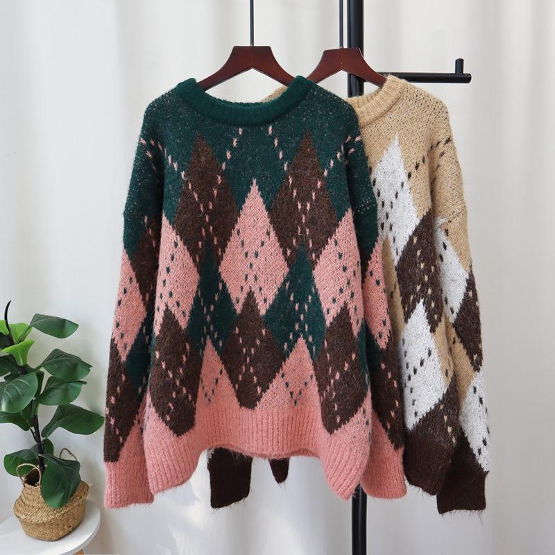 Autumn and winter new loose lazy style knitted sweater top retro contrasting color diamond sweater pullover woman